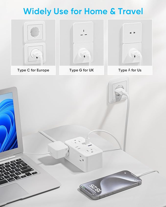 European Travel Plug Adapter, EU/UK/US Travel Adapter Power Strip, 6 AC Outlets, 20W USB C Power Delivery, 3ft Wrapped Around Extension Cord, Compact for Travel
