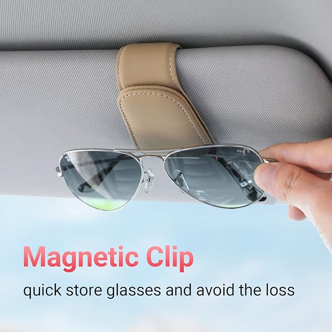 KanSmart Sunglass Holder for Car Visor Sunglasses Clip Magnetic Leather Glasses Eyeglass Holder Interior Car Accessories for Woman Man - 2 Packs Beige