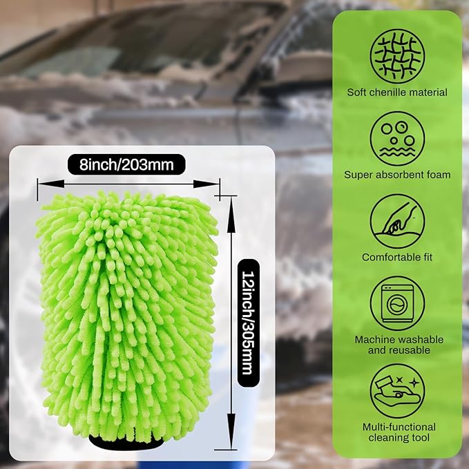 2Pack Car Wash Mitt, 8"×12" Fiber Microfiber Mitt Car Wash Brush for Scratch, Safe on Painted Surfaces, Glass & Plastic, Cars Cleaning Kit Essential, Green