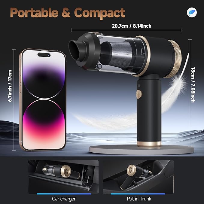 Car Vacuum Portable Cordless,16000PA Strong Suction Handheld Car Cleaner with Dual HEPA Filters,LED Light,Type-C Charging Mini Vacuum, One-Click Empty Compact for Home Cleaning and Office