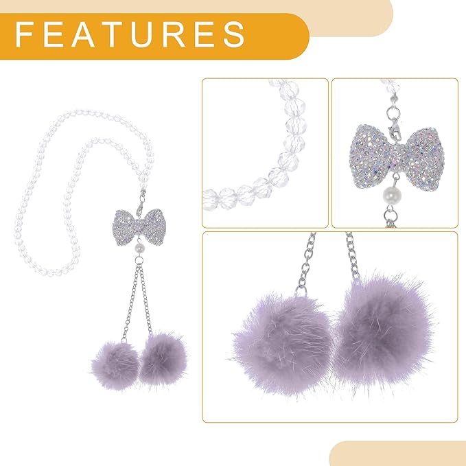 1 Pcs Artificial Crystal Bow,Mink Hair Car Rear View Mirror Pendant Accessories Car Hanging Ornament Light Purple