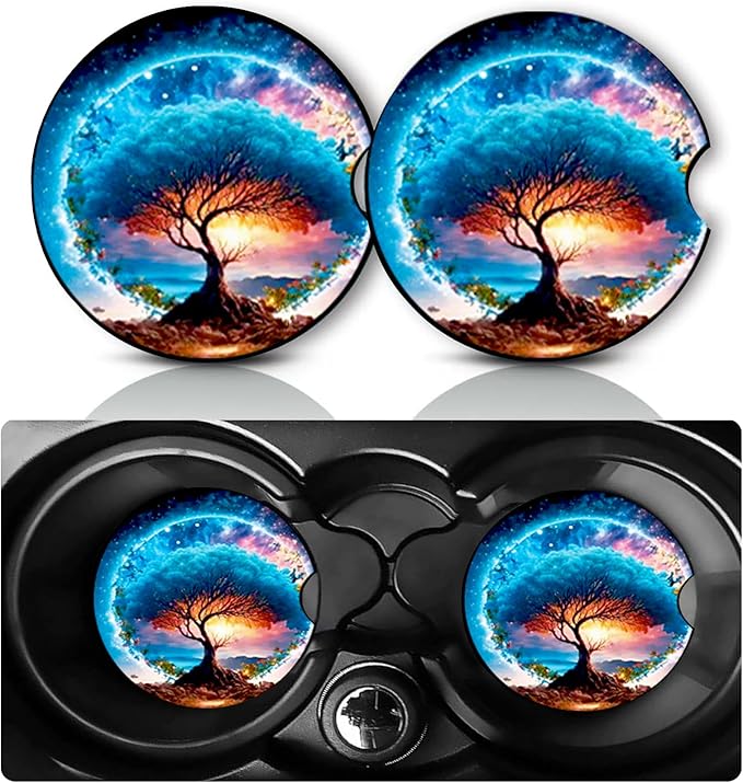 2 Pack Blue Rainbow Tree of Life Car Cup Holder Coasters 2.75" Universal Size Anti Slip Rubber Mat Gifts for Women Men Neoprene Auto Insert Cars Coasters Tree of Life Car Accessories Interior Decor
