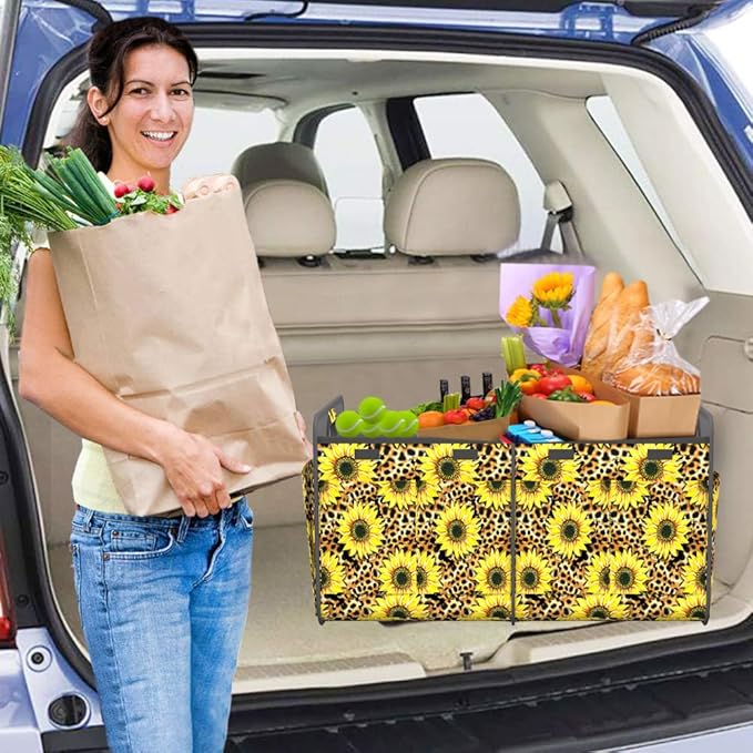 Homeve Trunk Organizer, Car Storage, Reinforced Handles, Collapsible Multi-Compartment Car Organizers, Foldable, Waterproof, 600D Oxford Polyester (Sunflower Leopard Print, 2 Compart)