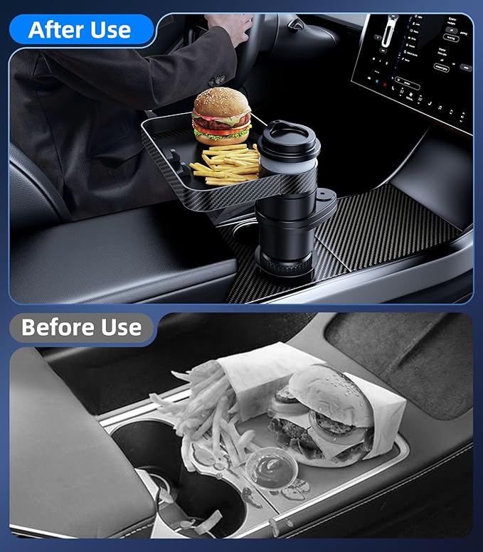 Car Double Cup Holder Tray Table, Swivel Car Food Tray Table for Front/Rear Passenger Seat for Eating, Cup Holder Expander with Phone Holder, Drink Sauce Holder for Car, Road Trip Essentials