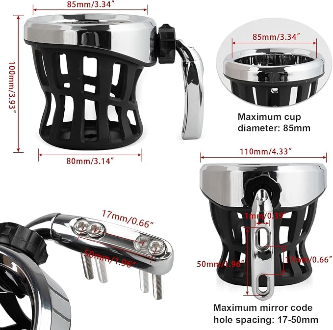 PSLER Motorcycle Drink Cup Holder Handlebar Mount Universal for Dyna Fat Bob Touring Road Glide Street Electra Glide Softail 1996-up Goldwing GL1800 2018-up (Chrome, 85mm)