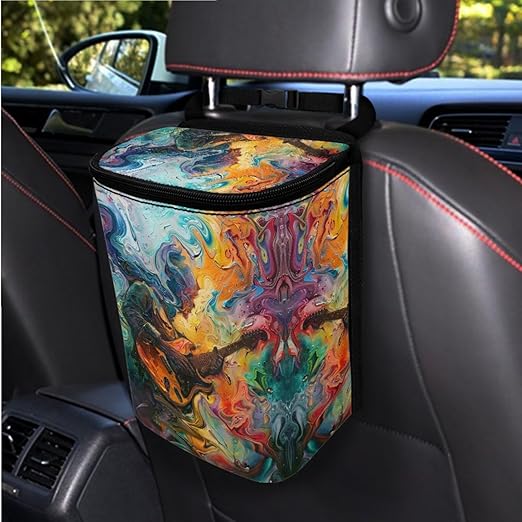 1.2 Gallons Car Trash Bin, Death Rock Print Trash Can for Truck, Adjustable Hanging for Tail of Console/Back of Seats, Odor-Free with Zipper Leak-Proof Design, Mini Size for Convenience
