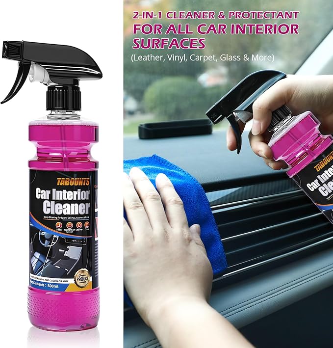 Car Interior Cleaner – Multi-Surface Auto Detailing for Leather, Glass, Dashboards & More – Dual-Mode Foam & Mist Spray (17oz) with Cleaning Towel
