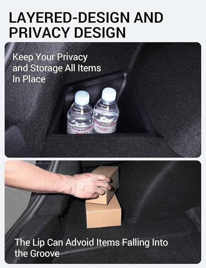 BASENOR 2023 2022 2021 Tesla Model 3 Trunk Storage Bin, Trunk Organizer with Carpeted Lid, Waterproof Rear Trunk Side Storage Box for Model 3 Interior Accessories (Not Fit 2024 2025 Model 3)