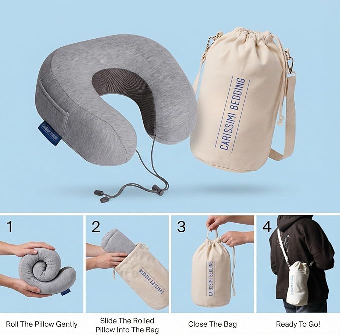 Travel Neck Pillow with Bag – Compact Memory Foam Neck Pillow for Airplane, Car and Office – Ergonomic Design for Travel Comfort and Shoulder & Neck Support