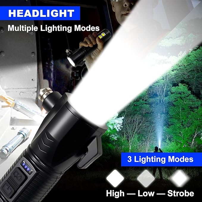 Emergency Car Flashlight - 2000 Lumen Dual Light 4-Level Battery Indicator Window Breaker & Seatbelt Cutter USB Rechargeable Ultra-Light 108g Car Emergency Too (2pcs-Black)