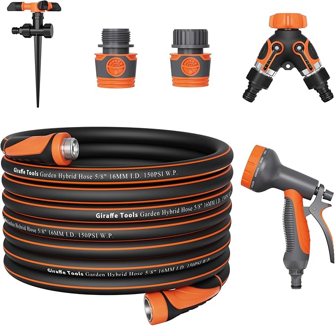 Giraffe Tools 100FT Garden Hose 5/8'' Set with 10-Pattern Spray Nozzle, Quick Connects & Ground Spinkler, for Garden Greenhouse Flower Bed Garden Water Hose