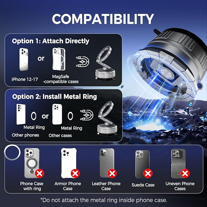 Reinforced Vacuum Magnetic Strong Suction Car Phone Holder,360 Adjustable Car Truck Mount for Magsafe iPhone 17 Pro Max 16 15 14 13 12 Air Plus,Magnet Cell Phone Ring Stand Tripod Automobile Cradles