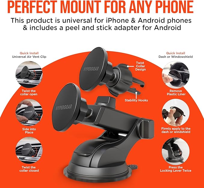 HyperGear MagSafe Car Mount - Magnetic Phone Holders for your Car Phone Holder Mount, Hands Free Mobile 3 Mounting Options (Windshield+Vent+Dash), Adapter included Cellphone Holder for iPhone, Android