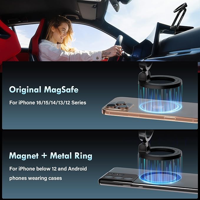 Coverado Magnetic Car Phone Holder, Vacuum Magnetic Phone Holder for Car, 360° Rotation Strong Magnet Car Phone Mount Dash Cell Phone Mount for iPhone 17/16/15/14/13/12