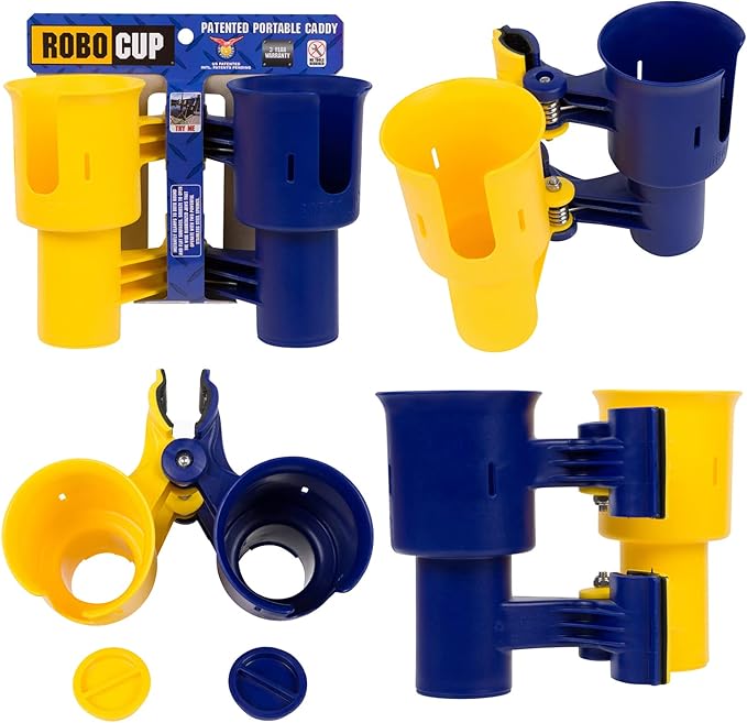 ROBOCUP, Patented Boat Cup Holder, Clamp on Portable Storage Caddy Securely Holds 2 Drinks, Fishing Poles, Tools, Marine Gear | Perfect for Boating, Beach Umbrellas, Golf Carts