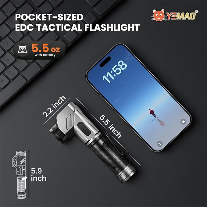 Yemao Rechargeable Tactical Flashlights 1600 High Lumens 2 Light Sources,6 Modes,90 Degree Rotating,Waterproof Working Light with Magnetic Base for Home Emergency,Outdoor,Camping,Shop