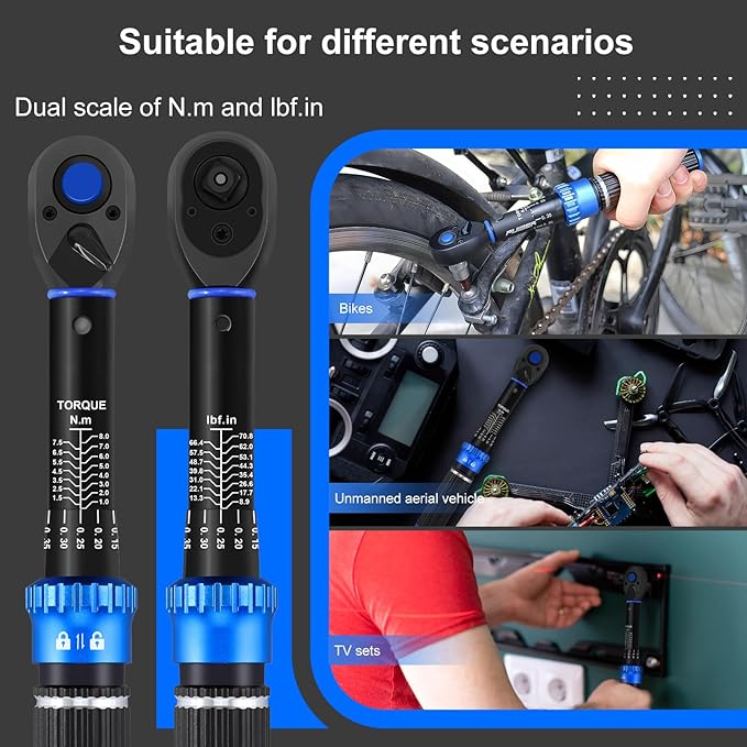 1/4" Drive Small Torque Wrench 1-8 Nm (8.85-70.8 in lb) ±3% Precision, Dual-Direction 72-Tooth Click Torque Wrench for Bicycle, Electronics, Small Engine Repair, and Delicate Fasteners
