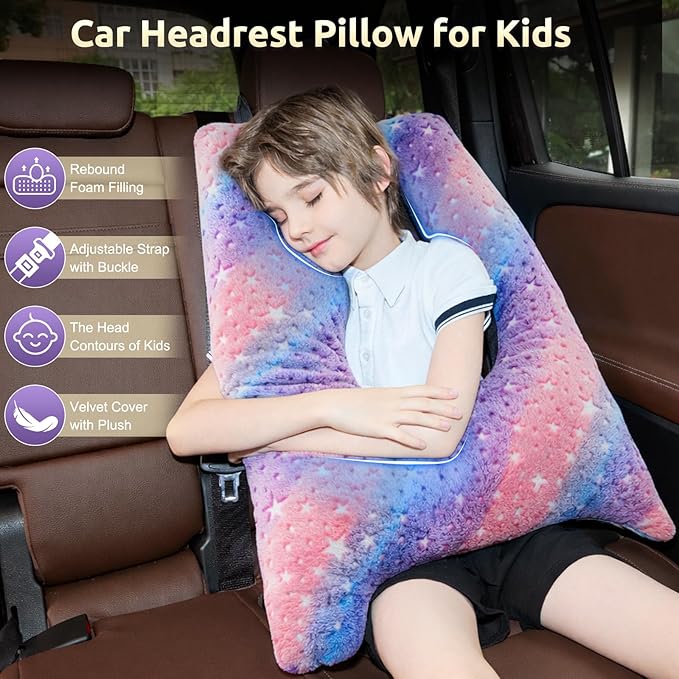 Car Pillow for Kids, Travel Pillow with Adjustable Strap, U-Shaped Pillow for Adults and Children to Support Head and Body Road Trip Essentials (Multicolor)