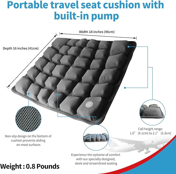 Inflatable Travel Seat Cushion with Built-in Pump & Carry Bag (Grey Cushion with Silver Storage Bag)