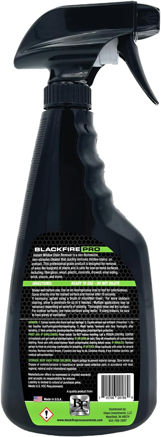 BLACKFIRE Pro Concentrate Instant Mildew Stain Remover Spray | Professional Grade, Rapid Action, No-Scrub Formula, Safe to Use on Multiple Surfaces | Great for Home, Bathroom & Shower Cleaning | 16 oz