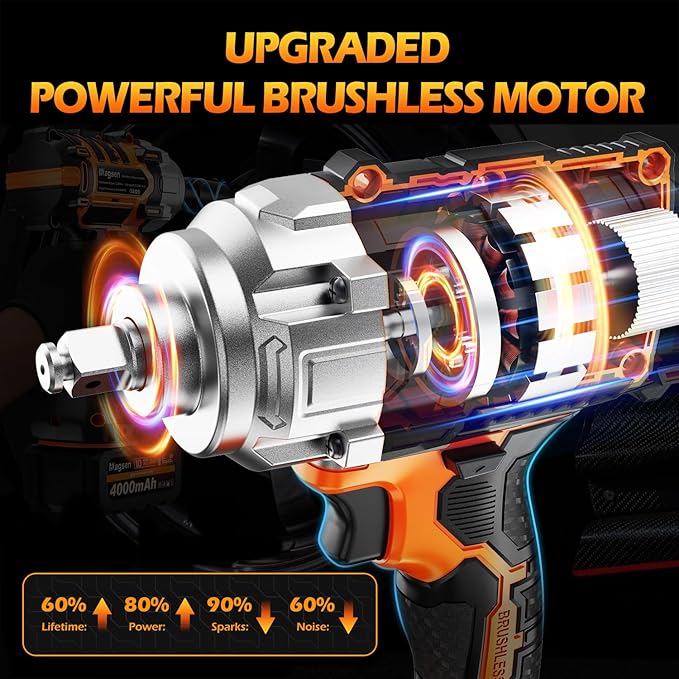 1000N.m/737Ft-lbs Brushless Impact Wrench,1/2" Cordless Impact Gun / 2x4.0Ah Battery & 6 Sockets, 3500RPM Power Electric Impact Driver for Car/DIY Furniture/Lawn Mower, Orange Toolbox
