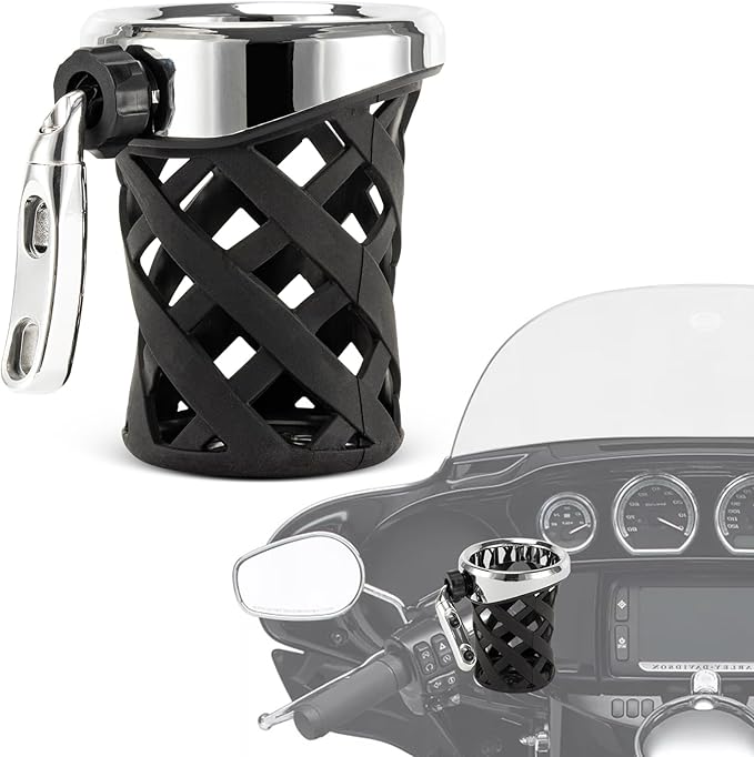 PSLER Motorcycle Drink Cup Holder Handlebar Mount Universal for Dyna Fat Bob Touring Road Glide Street Electra Glide Softail 1996-up Goldwing GL1800 2018-up (Chrome, 105mm)
