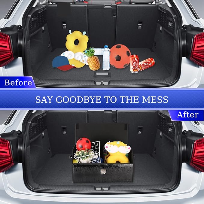 Trunk Organizer for Car, SUV Trunk Organizer Leather Storage, Cargo Box-Automotive Consoles Organizers-Multi-Compartment Adjustable Auto Grocery Home Storage Box