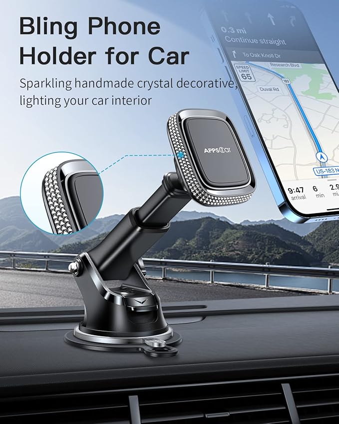 APPS2Car Magnetic Phone Holder for Car, Bling Dashboard/Windshield Sturdy Suction Cup Phone Holder, Crystal Magnetic Phone Mount[6 Strong Magnets & Adjustable Telescopic Arm] for All Smartphones