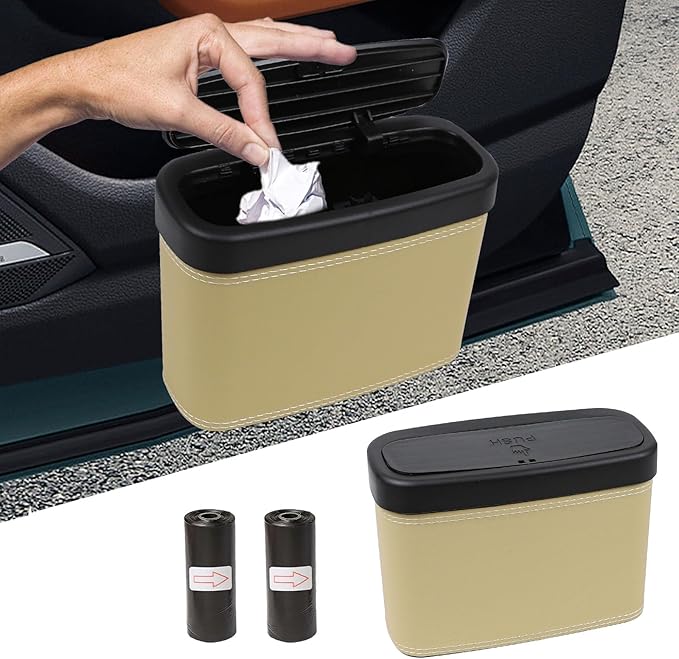 Wuyaoyao Car Trash Can with Lid, Leather Automotive Trash Bin with Garbage Bags, Leakproof Cars Door Hanging Garbage Can, Mini Multi-Purpose Vehicle Storage Organizer, Interior Car Accessories (Beige)