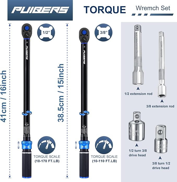 1/2 3/8 inch Drive Click Torque Wrench Set,2 Pcs Torque Wrenches 10-170 FT.LB/13.6-230.5Nm,10-110 FT.LB/13.6-149.2Nm,±3% High Accuracy Torquimetro for Bike, Moto and Car Repair