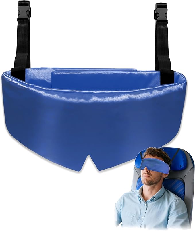 Travel Pillows for Airplanes, Airplane Head Strap with Silk Eye Mask for Sleeping, Long Flights & Car Road Trips 360°Headrest Neck Support, Stops Bobbing, Small & Compact（Blue）
