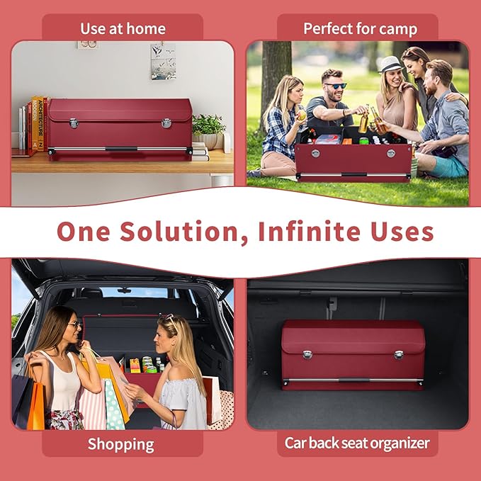 Car Trunk Organizer, Trunk Organizer for SUV with Push-pull Handle and Lid Car Leather Trunk Storage Box (Claret, 27.17 x 11.42 x 12.2in)