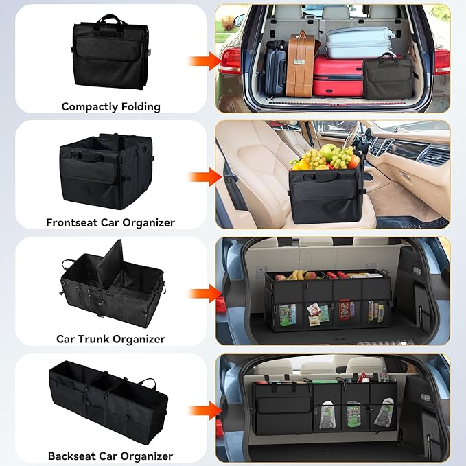 Car Trunk Organizer for SUV 60L Backseat Car Organizer Back Seat Large Storage Trunk Compartment Collapsible Car Caddy Heavy Duty Truck Storage Bin w/6 Pockets Adjustable Straps Cargo Van Jeep Sedan