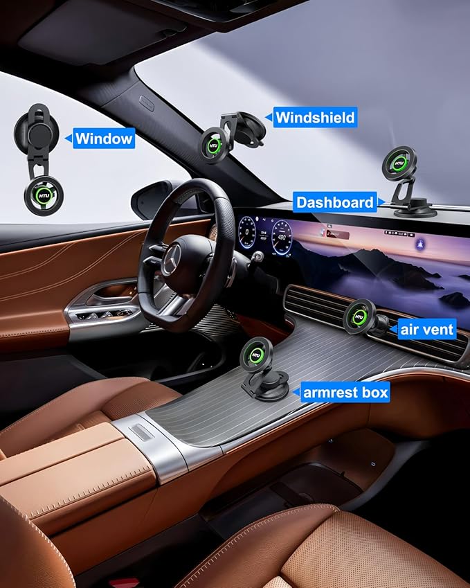 HTU 2026 Upgraded Car Phone Holder for Magsafe Magnetic Car Phone Mount [360° Adjustable 99LBS Ultra Suction] Cell Phone Holders for Tesla Cars/Gym/Mirror Mount for iPhone & Android (Black)