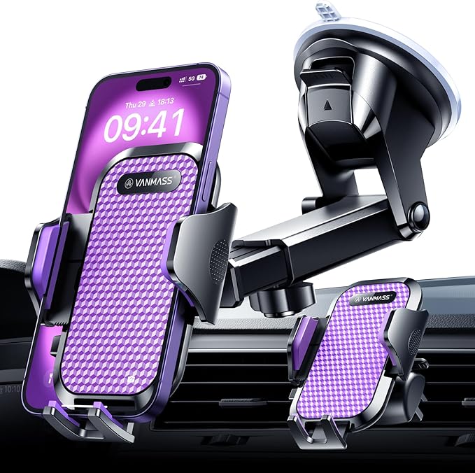 VANMASS Ultimate Car Phone Holder 2025【Military-Grade & Strongest Suction】 Phone Holder for Your Car【Patent & Safety Certs】 Windshield Dashboard Vent Cell Phone Car Mount for iPhone Samsung Android