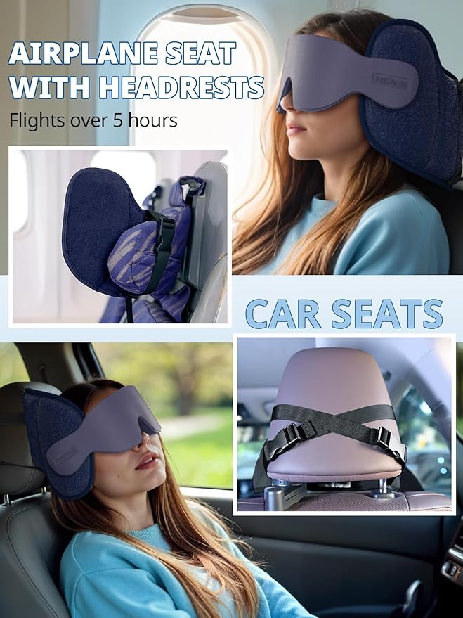 Travel Pillows for Airplanes, Airplane Pillow with Sleep Eye Mask, 360° Support Headrest Strap Travel Essentials for Long Flight, Car Trip, No Bobblehead, Fit Various Heights, Dark Grey