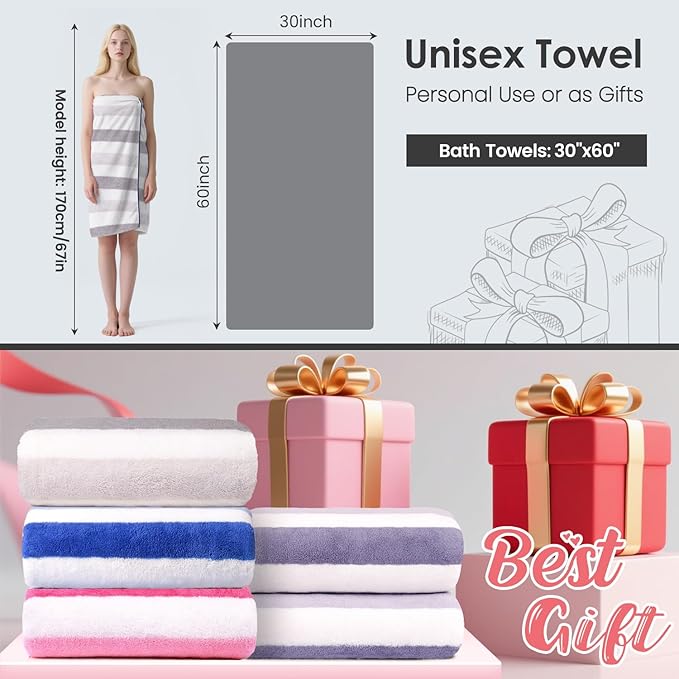 JML Microfiber Bath Towels, Large Bath Towel Set of 2, 30" x 60", Oversized, Soft, Super Absorbent, Fast Drying, Perfect for Hair Wrap, Sport, Fitness, Yoga, Cabana Stripe Grey