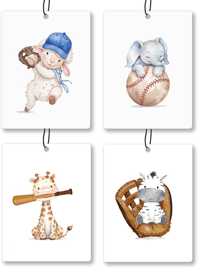 Baseball Animal Nursery Air Freshener 4 Pcs, Cute Animal Baseball Supplies Hanging Scents Air Freshener for Kids Boys Gifts, Vintage Scented Car Accessories Decor for Boys Kids Room Nursery