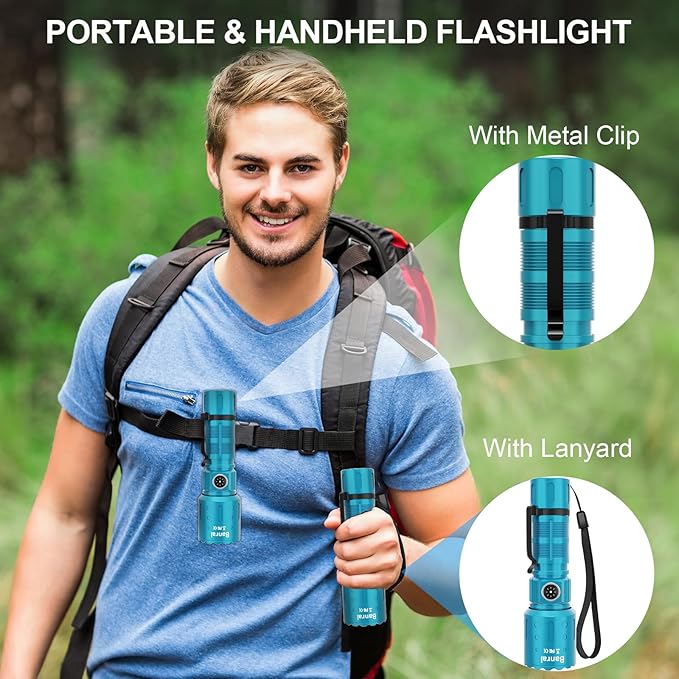 Banral Flashlights High Lumens Rechargeable, Super Bright Long Range Small Powerful Flashlight, 6 Modes LED Tactical Pocket Waterproof Flash Light for Home Emergency (2, Turquoise)