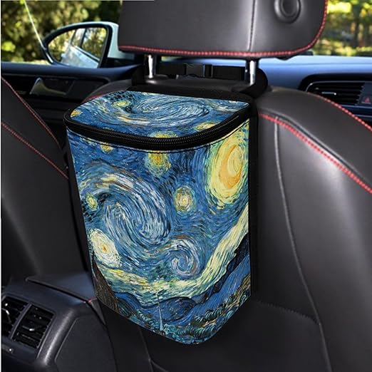 1.2 Gallons Car Trash Can with Lid, Starry Night Vehicle Trash Can for Truck, Adjustable Hanging for Tail of Console/Back of Seats, with Zipper Leak-Proof Lid Design, Washable Easy to Clean