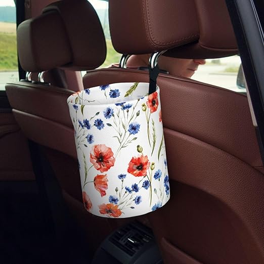 Car Trash Bag Watercolor Red Blue Flowers Waterproof Trash Small Car Can Portable Collapsible Car Garbage Can Hanging for Back Seat Floor or Hanging Headrest Car Decor Road Trip Essentials