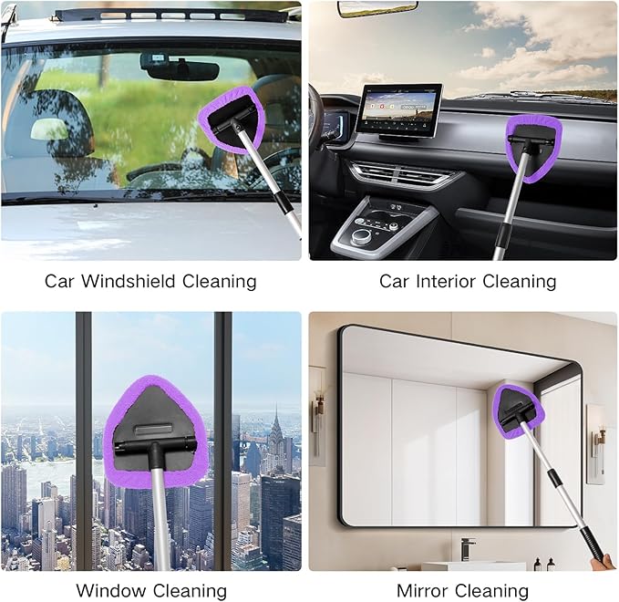 10pcs Windshield Cleaner Tool, Car Window Cleaning Wash Kit with 4 Reusable Microfiber Pads 1 Spray Bottle and Extendable Handle Auto Glass Wiper Kit, Purple