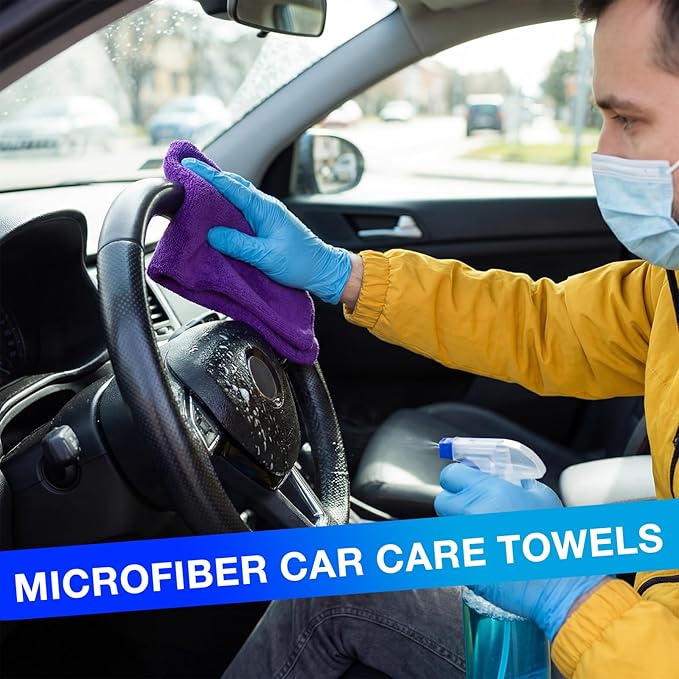 Nuenen 60 Pcs Microfiber Cleaning Cloths for Cars 16 x 16 Inch Ultra Absorbent Car Towels Drying Reusable Cleaning Supplies House Kitchen Window Microfiber Towel (Purple,Blue)