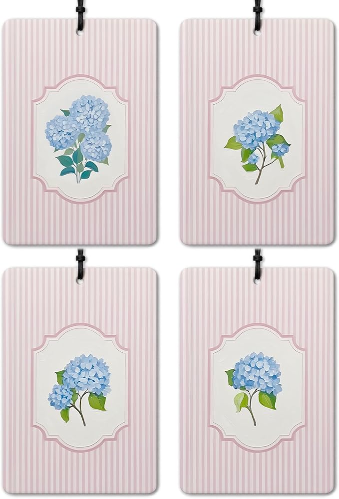 Rustic Blue Hydrangeas Floral Car Air Freshener 4 Pcs, Retro Cottagecore Flower Pink Striped Air Freshener Hanging for Cars Books Closet Drawer Bathroom, Preppy Girly Car Accessories for Women