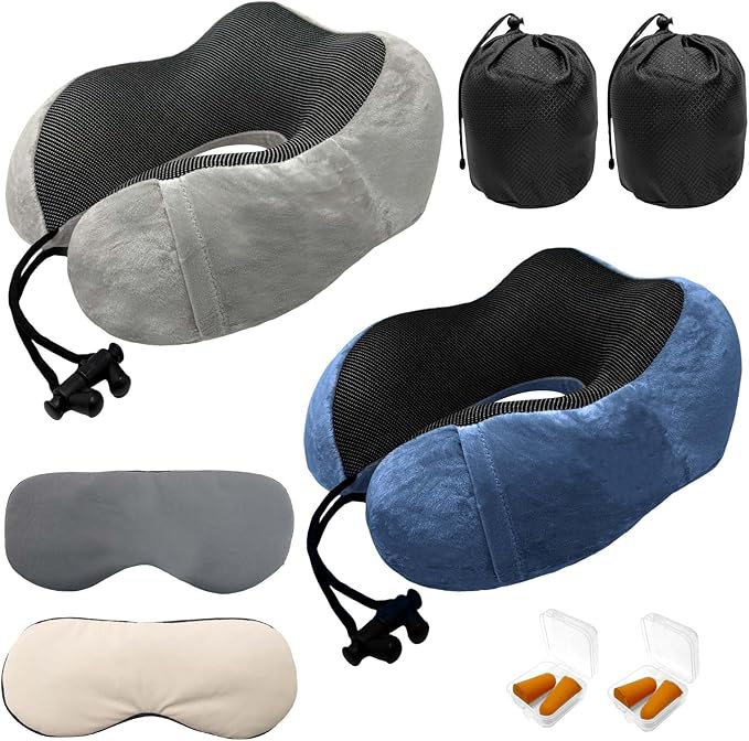 Travel Pillow 3-in-1 Memory Foam Ergonomic Neck Support Pillow for Airplanes with Ear Plugs & Eye Mask | Machine Washable Travel Pillow for Long Flights, Road Trips & Camping (grey+dark blue)