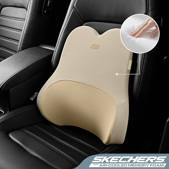 Skechers Air-Cooled & Memory Foam Lumbar Pillow,Lumbar Support Pillow for Office,Chair Lower Back Pain Relief Lumbar Pillow,Ergonomic Design Back Support Pillow for Office Chair,Car,Home,Travel,Beige