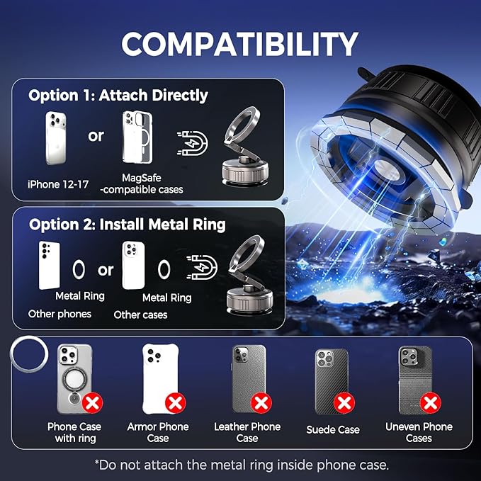 Reinforced Vacuum Magnetic Strong Suction Car Phone Holder,360 Adjustable Car Truck Mount for Magsafe iPhone 17 Pro Max 16 15 14 13 12 Air Plus,Magnet Cell Phone Ring Stand Tripod Automobile Cradles