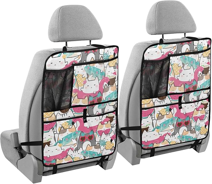 1 Pack Backseat Car Organizer with Storage Pockets Seat Back Organizers for Kids Kick Mats Backseat Protector Automotive Funny Cats Summer