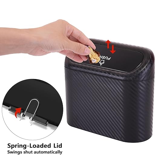 Ginsco Mini Car Trash Can with Lid, Small Car Garbage Can, Cute Leakproof ABS Car Trash Bin, Car Accessories for Interior, Garbage Bin for Car, Home, Office with 120pcs Trash Bags Carbon Fibre