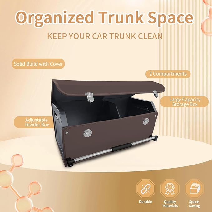 Car Trunk Organizer for SUV Car Trunk Storage Organizer with Lid and Sturdy Handle Collapsible Trunk Organizer for Truck, Sedan, Van (Brown, 27.1 x 11.4 x 12.2in)